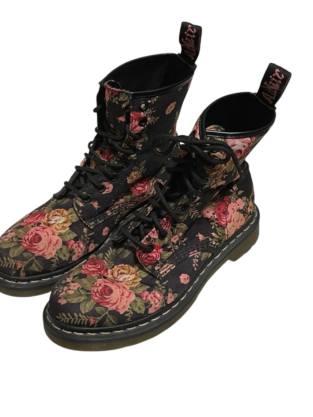 Dr. Martens Black Floral Lace-Up Boots with Pink and Yellow Roses